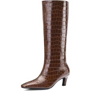 Women’s Brown Knee High Boots Square Toe Kitten Heel Wide Calf Synthetic Leather